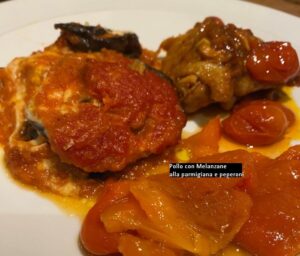 Pollo con Melanzane alla parmigiana e peperoni